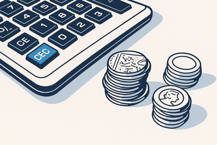 A calculator next to a pile of coins