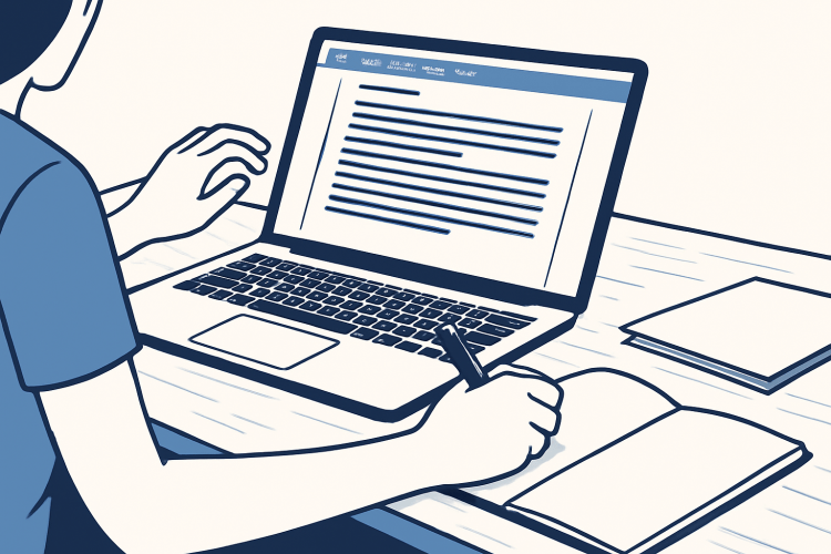 Someone working at a laptop, editing a document and making notes of a pad